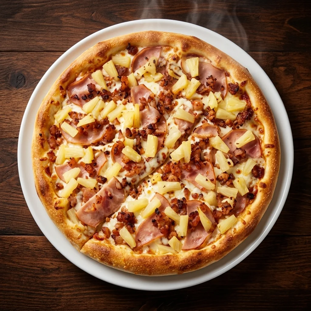 Hawaiian Pizza at Pizza Fiamma in Winnipeg - Classic ham and pineapple on fresh daily-made dough with secret recipe sauce